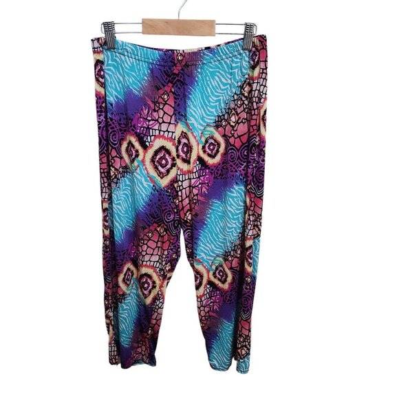 Vintage Slinky Knit Size XL Pull On Pants Loud Print wide leg palazzo cropped - Picture 1 of 10